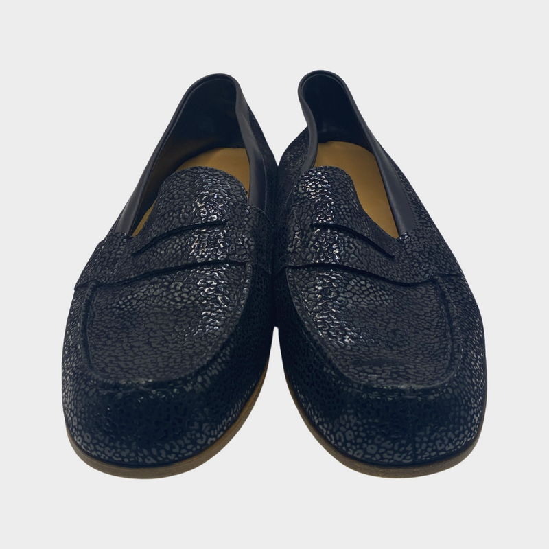 J.M. Weston women's black shiny animal print suede loafers