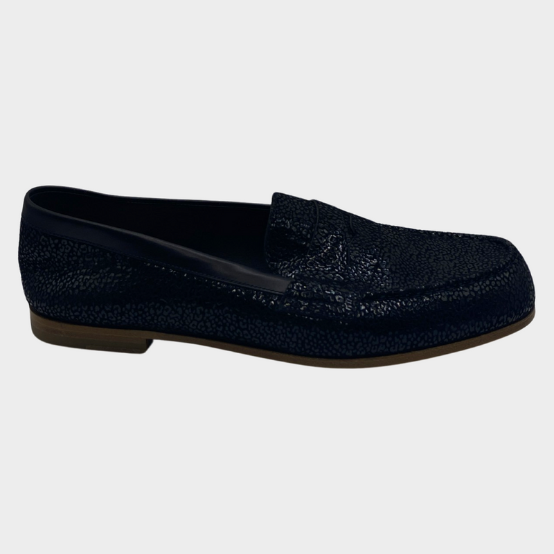 J.M. Weston women's black shiny animal print suede loafers