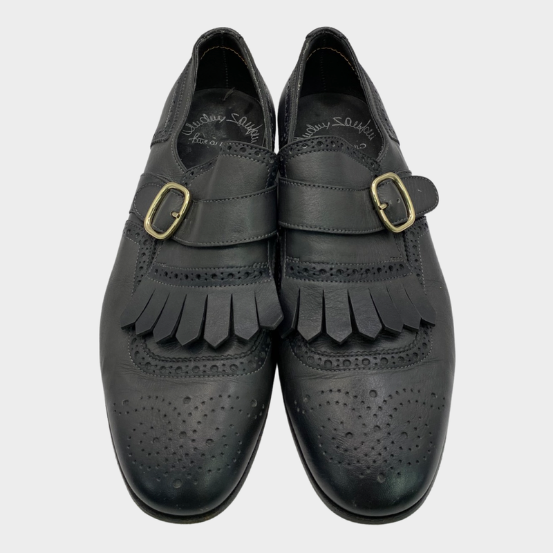 Santoni men's dark grey leather buckle loafers