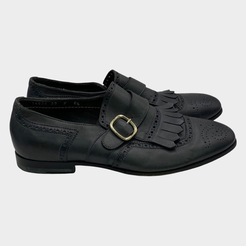 Santoni men's dark grey leather buckle loafers