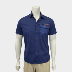 Prada men's blue shirt with pocket and red logo
