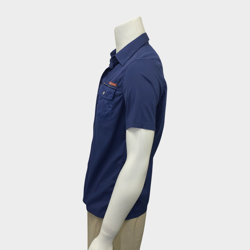 Prada men's blue shirt with pocket and red logo
