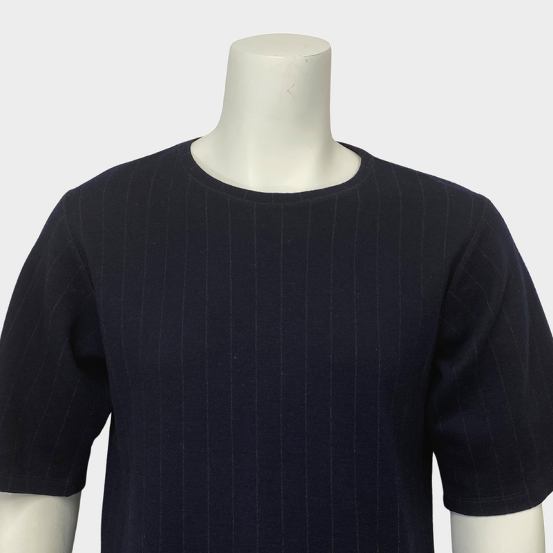 Dries Van Noten men's navy pinstrip woolen t-shirt