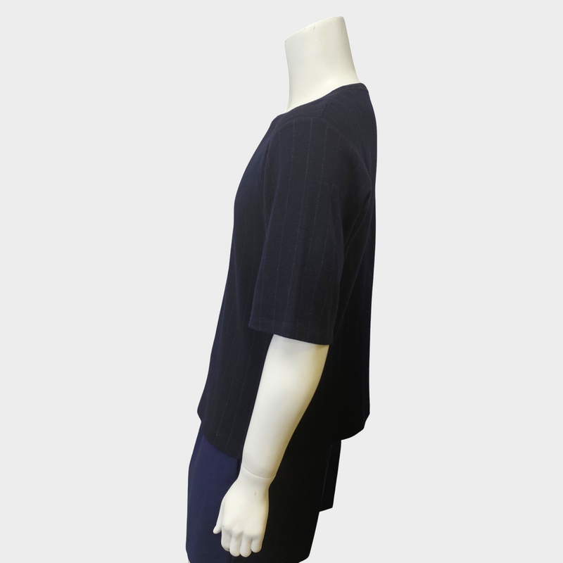 Dries Van Noten men's navy pinstrip woolen t-shirt