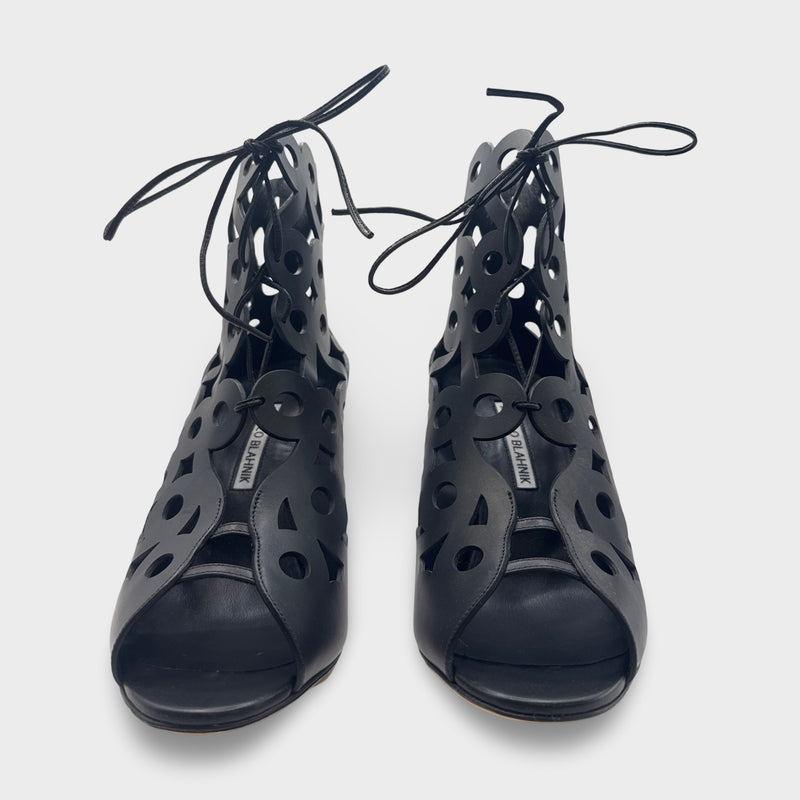 Manolo Blahnik Taralo Black Laser Cut Heeled Sandals