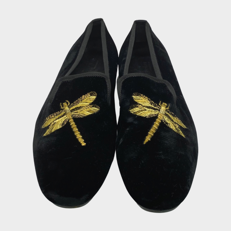 Alexander Mcqueen men's black velvet loafers with gold dragonfly embroidery