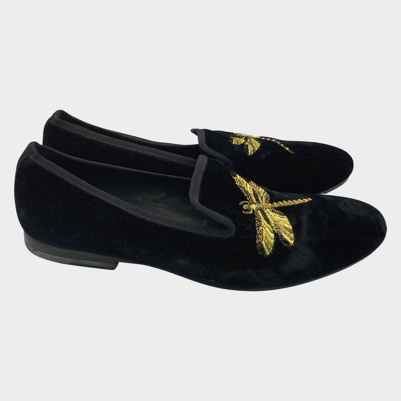 Alexander Mcqueen men's black velvet loafers with gold dragonfly embroidery