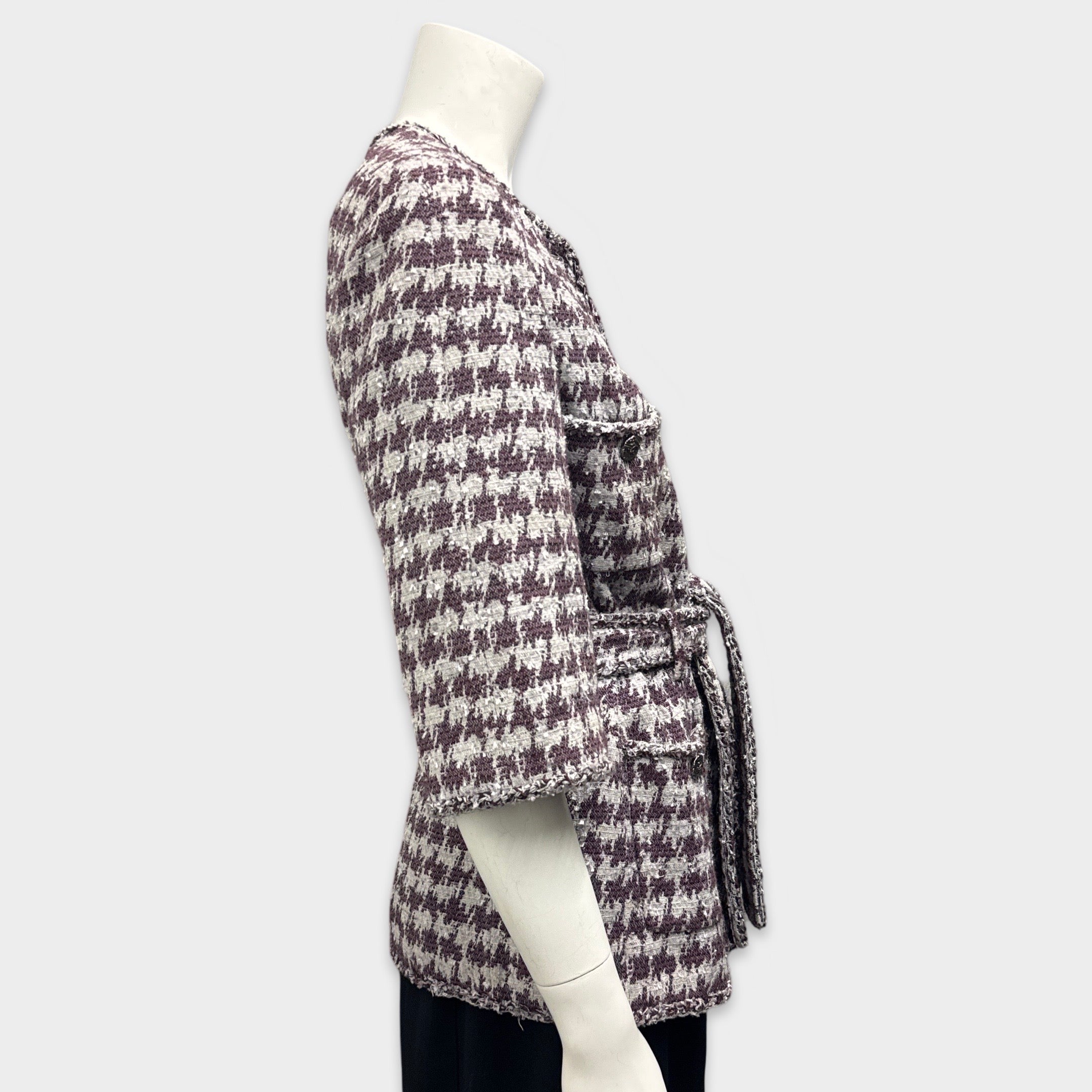 Chanel Women's Grey and Purple Houndstooth tweed belted