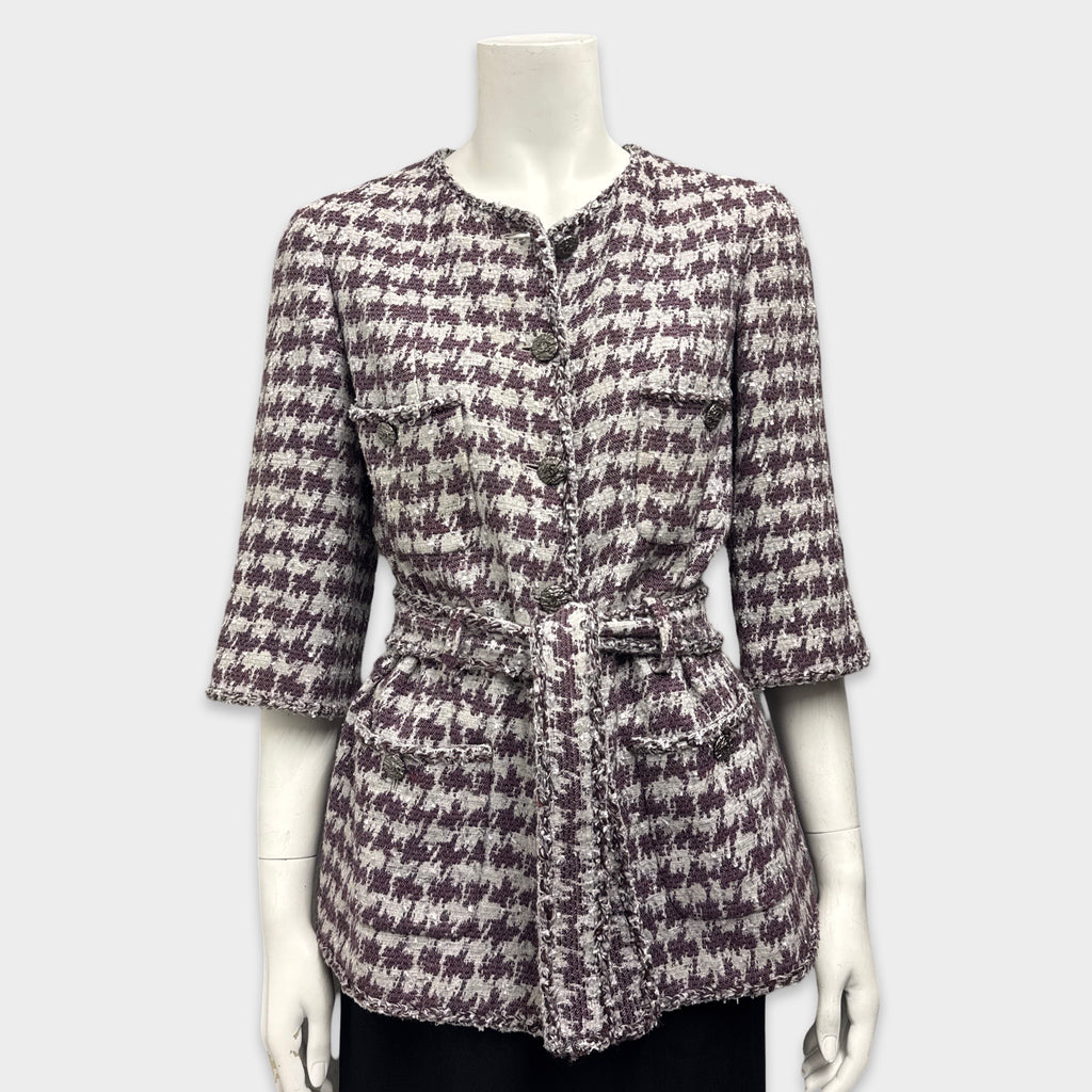 ジャケット・アウター ounce / rene round tweed knit jacket Chanel Women's Grey and Purple Houndstooth tweed belted