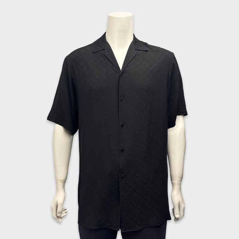 Gucci Men's Black Monogram Silk Camp Short Sleeve Shirt