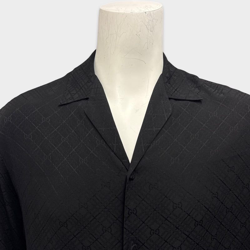 Gucci Men's Black Monogram Silk Camp Short Sleeve Shirt