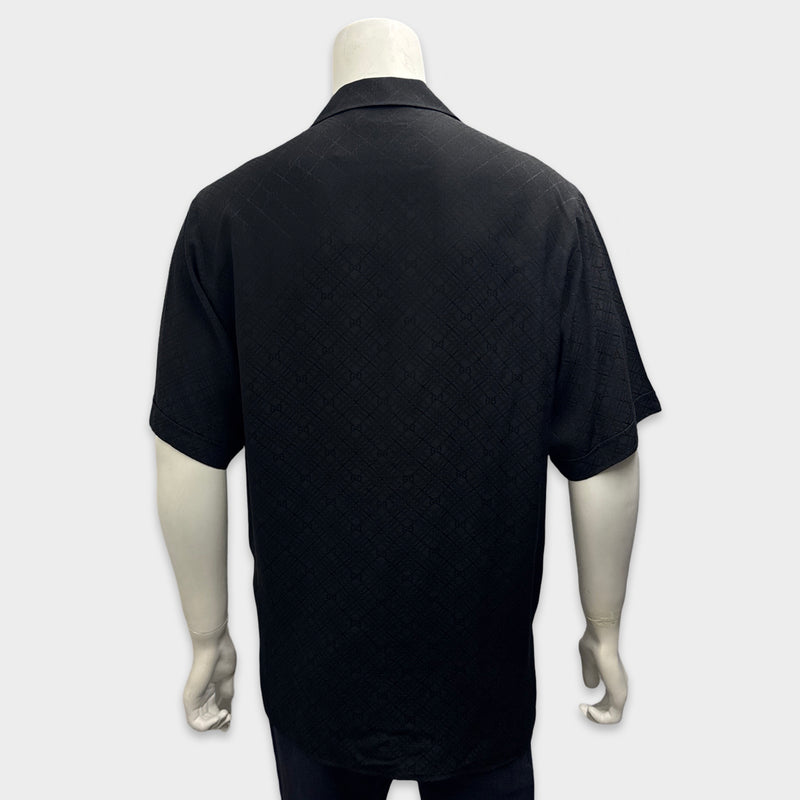 Gucci Men's Black Monogram Silk Camp Short Sleeve Shirt