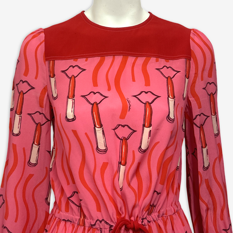 Valentino Pink And Red Lipstick Print Silk Dress