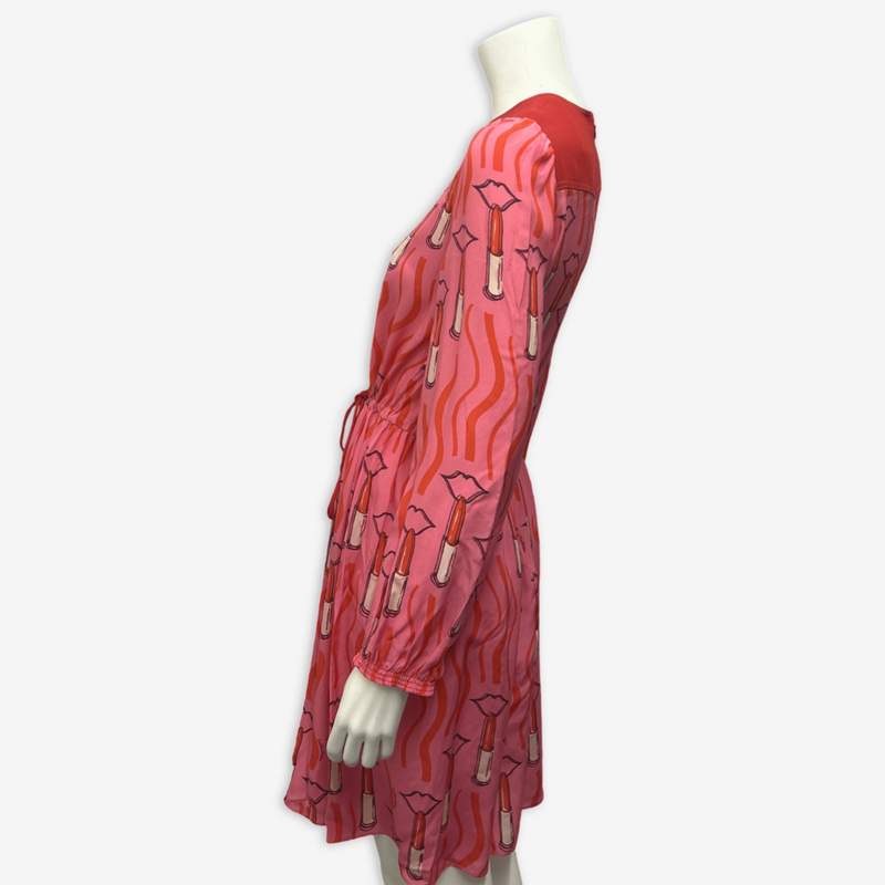 Valentino Pink And Red Lipstick Print Silk Dress