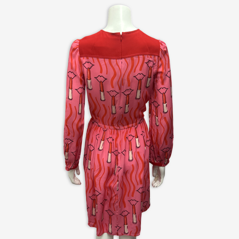 Valentino Pink And Red Lipstick Print Silk Dress