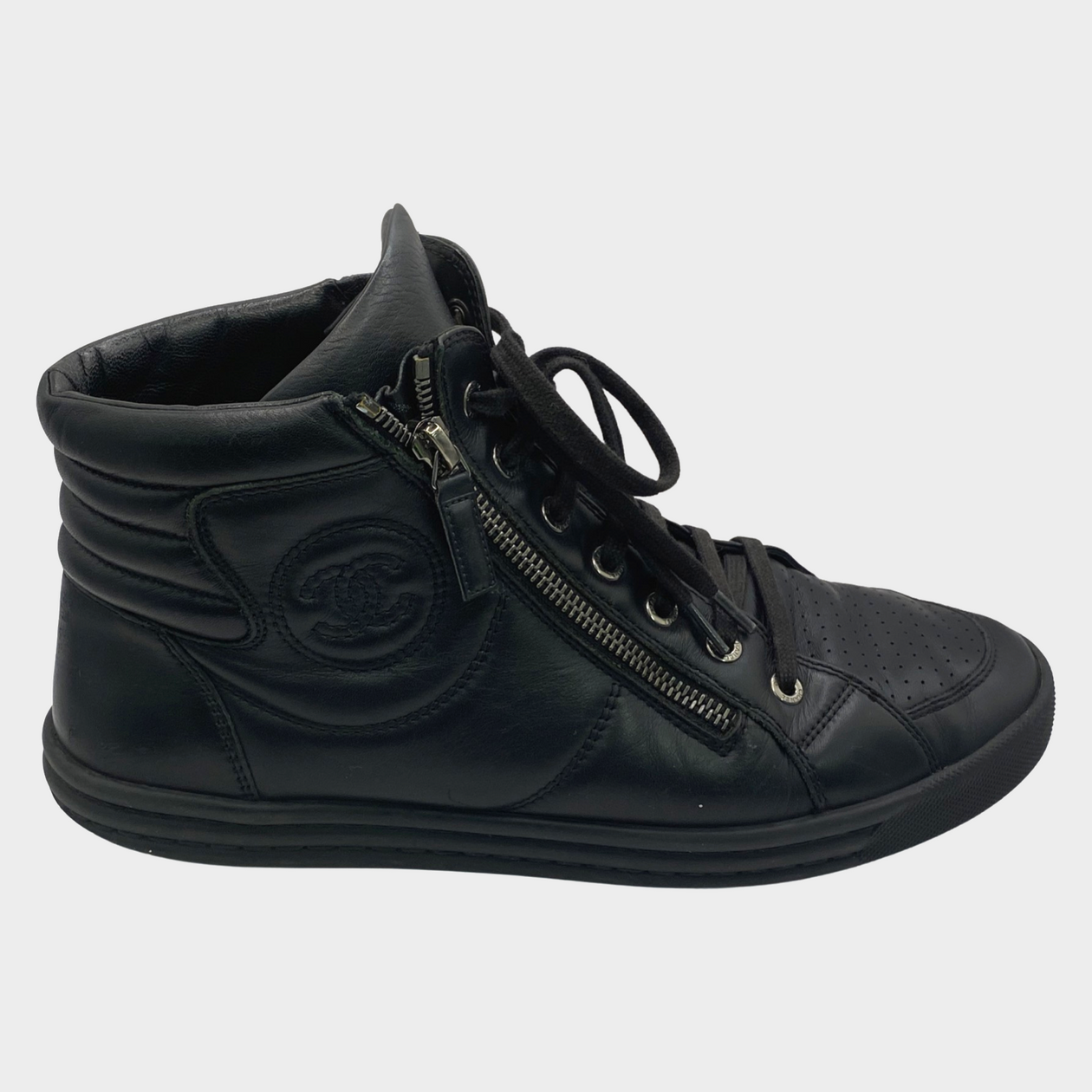 Chanel Women s Black Leather CC Logo High top Sneakers Loop