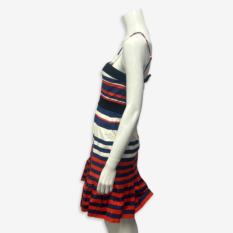 Prada Red, Navy Blue & White Striped Nautical Motif Strappy Dress