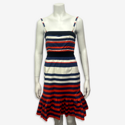 Prada Red, Navy Blue & White Striped Nautical Motif Strappy Dress
