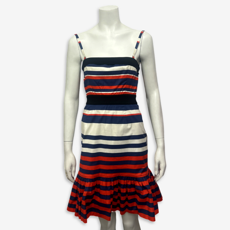 Prada Red, Navy Blue & White Striped Nautical Motif Strappy Dress
