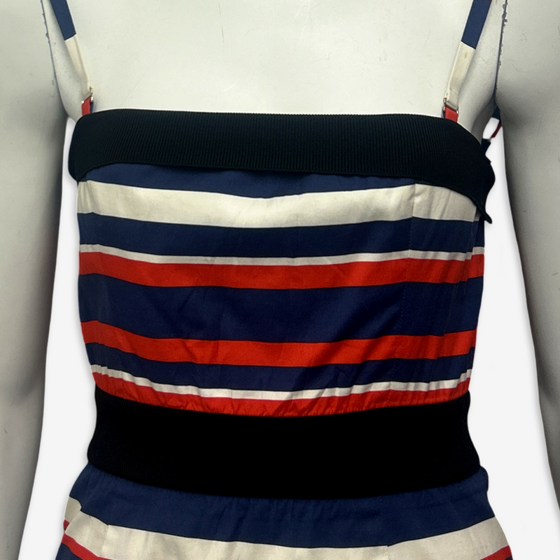 Prada Red, Navy Blue & White Striped Nautical Motif Strappy Dress