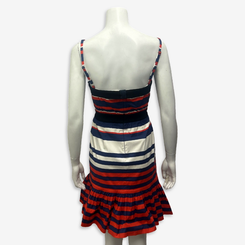 Prada Red, Navy Blue & White Striped Nautical Motif Strappy Dress