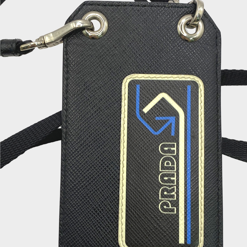Prada unisex black logo print card-holder lanyard