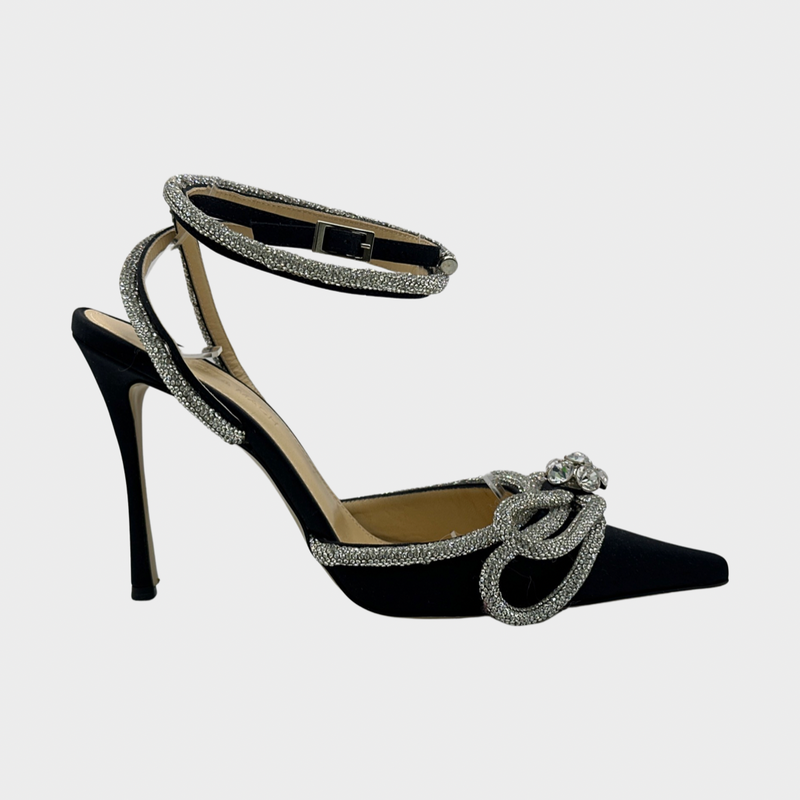 Mach&Mach black satin crystal embellished lace up heeled pumps