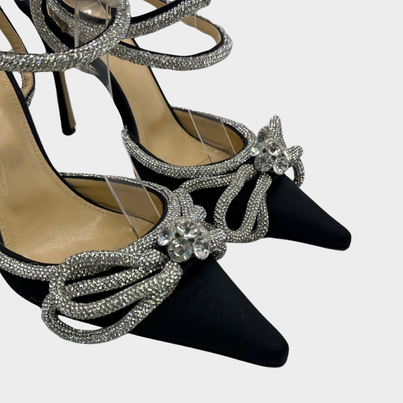 Mach&Mach black satin crystal embellished lace up heeled pumps