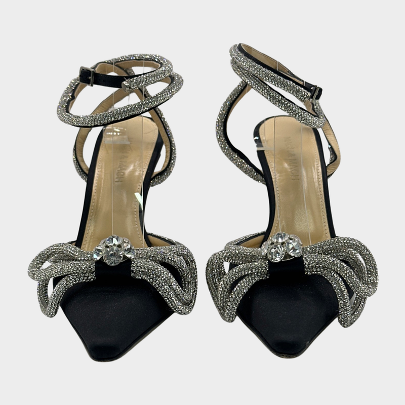 Mach&Mach black satin crystal embellished lace up heeled pumps