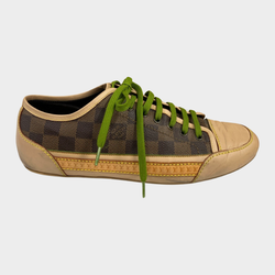 Louis Vuitton women's beige check monogram trainers with green laces