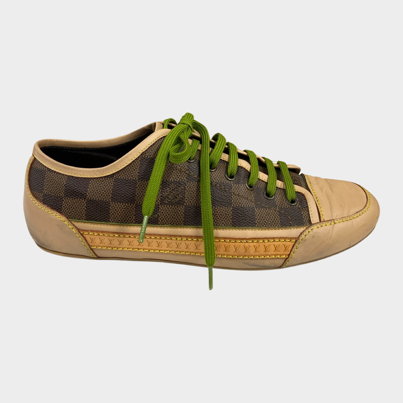 Louis Vuitton women's beige check monogram trainers with green laces