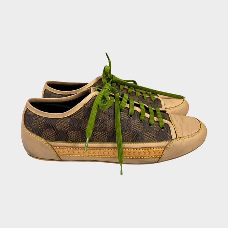 Louis Vuitton women's beige check monogram trainers with green laces