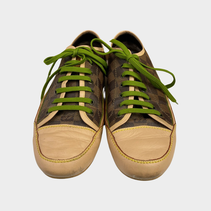Louis Vuitton women's beige check monogram trainers with green laces