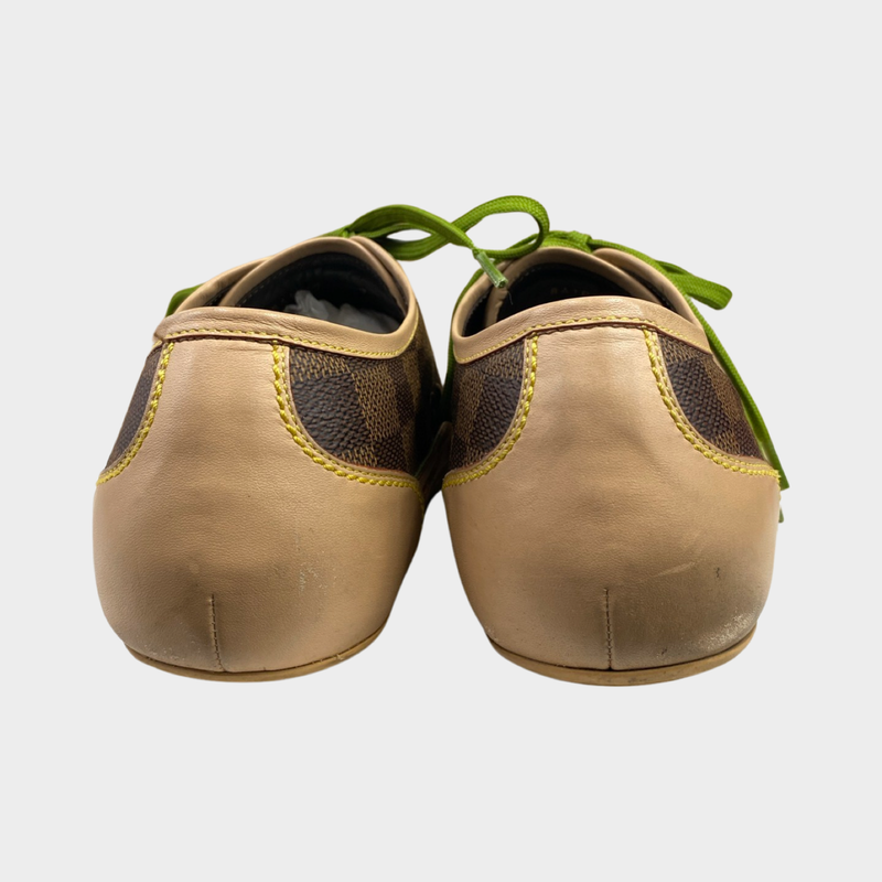 Louis Vuitton women's beige check monogram trainers with green laces
