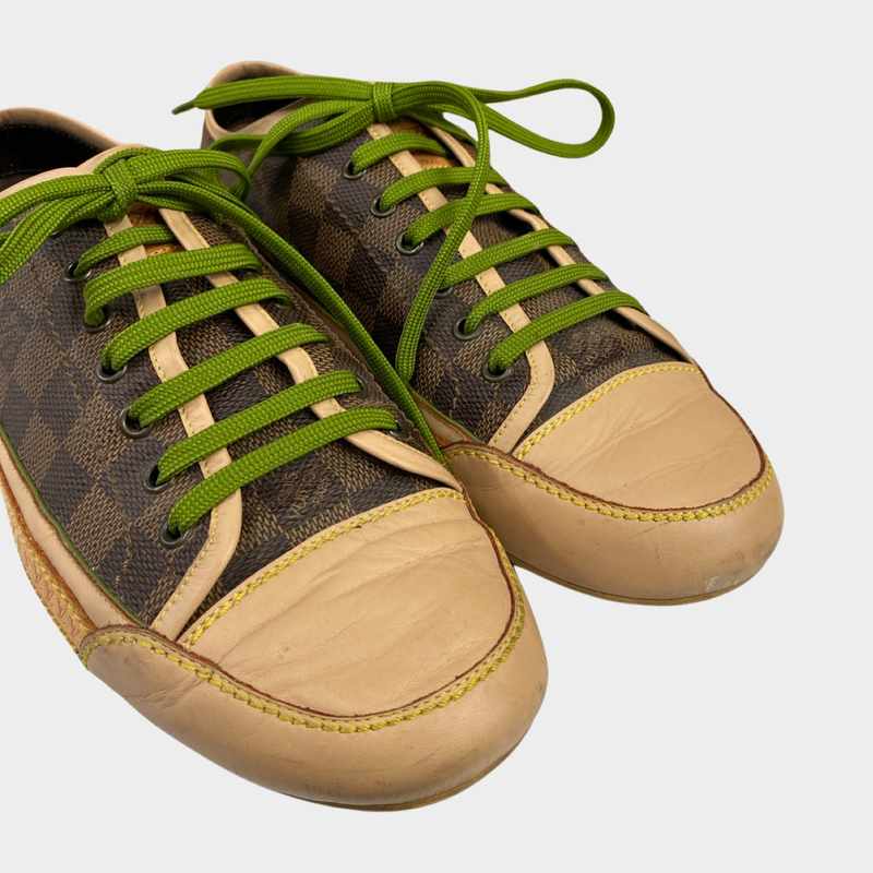 Louis Vuitton women's beige check monogram trainers with green laces