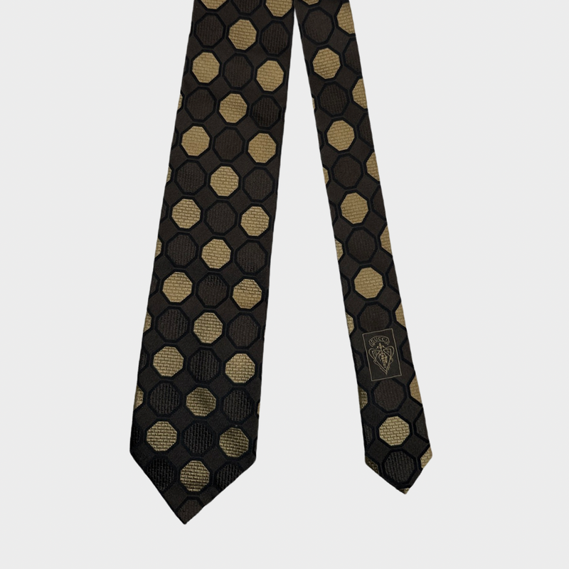 GUCCI brown and gold geometric silk tie