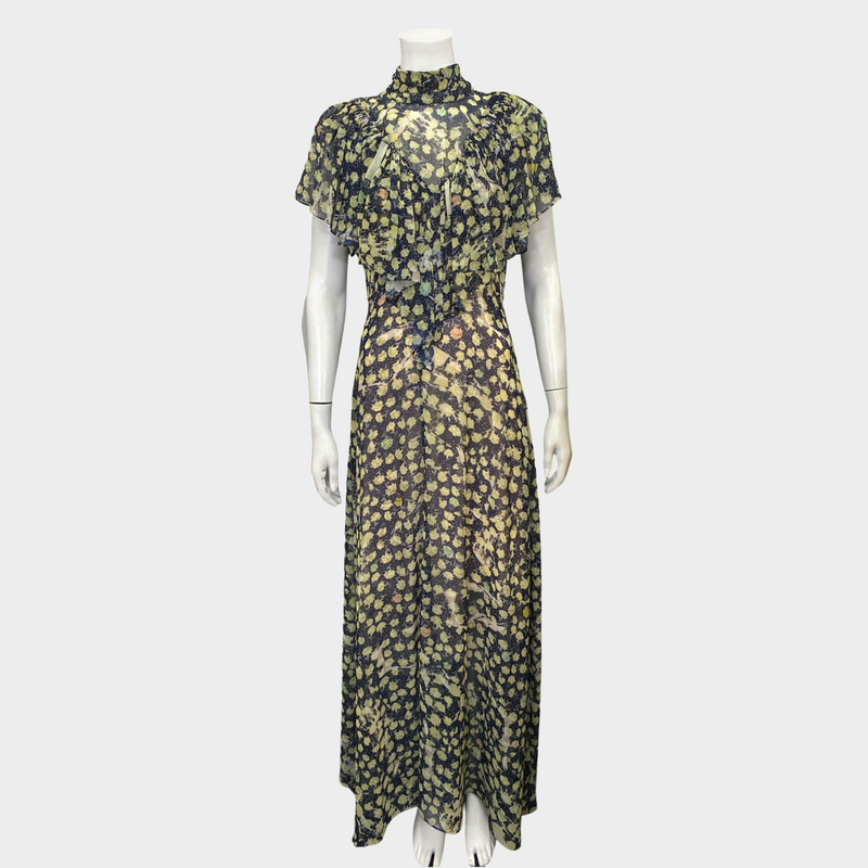 Preen navy sheer nylon maxi dress with a yellow floral print