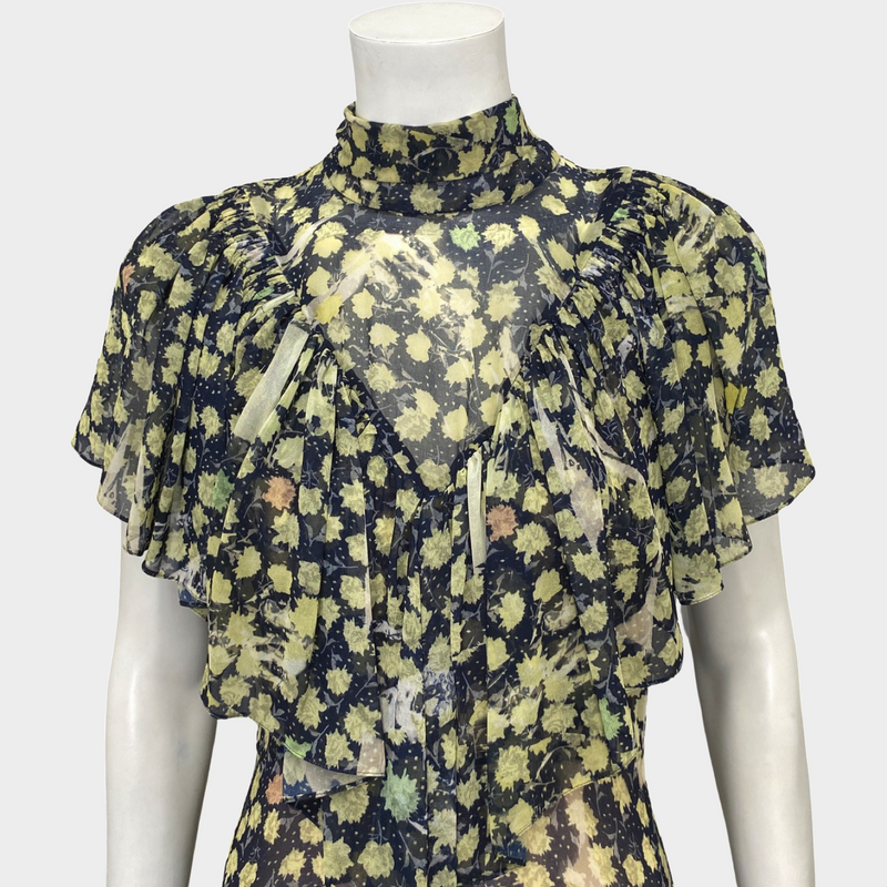 Preen navy sheer nylon maxi dress with a yellow floral print