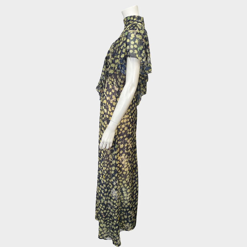 Preen navy sheer nylon maxi dress with a yellow floral print