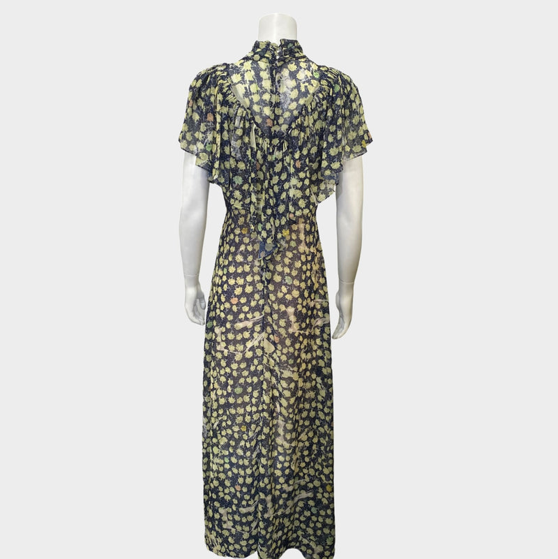 Preen navy sheer nylon maxi dress with a yellow floral print