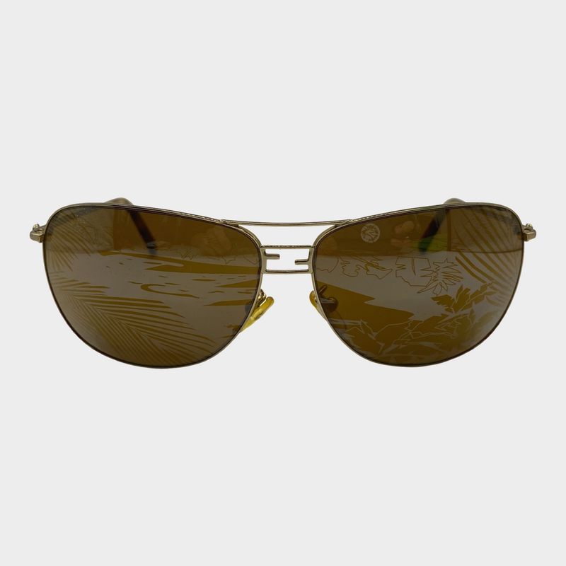 Fendi women's gold rim reflective jungle print lens sunglasses