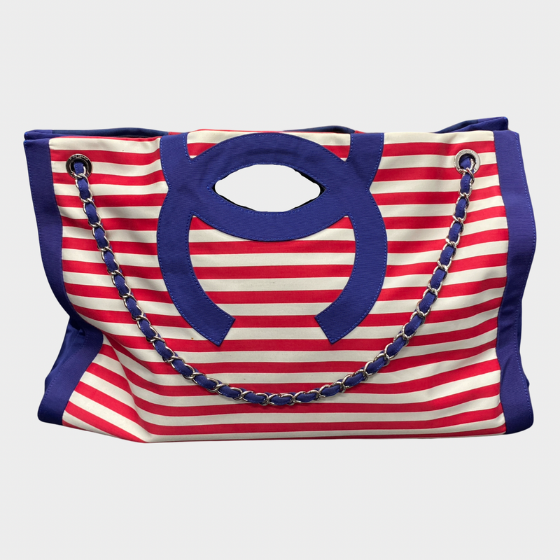 Chanel women's red and navy striped canvas tote handbag