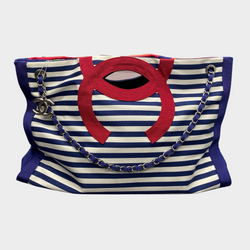 Chanel women's red and navy striped canvas tote handbag