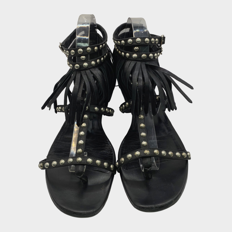 Saint Laurent women's black leather fringe gladiator sandals