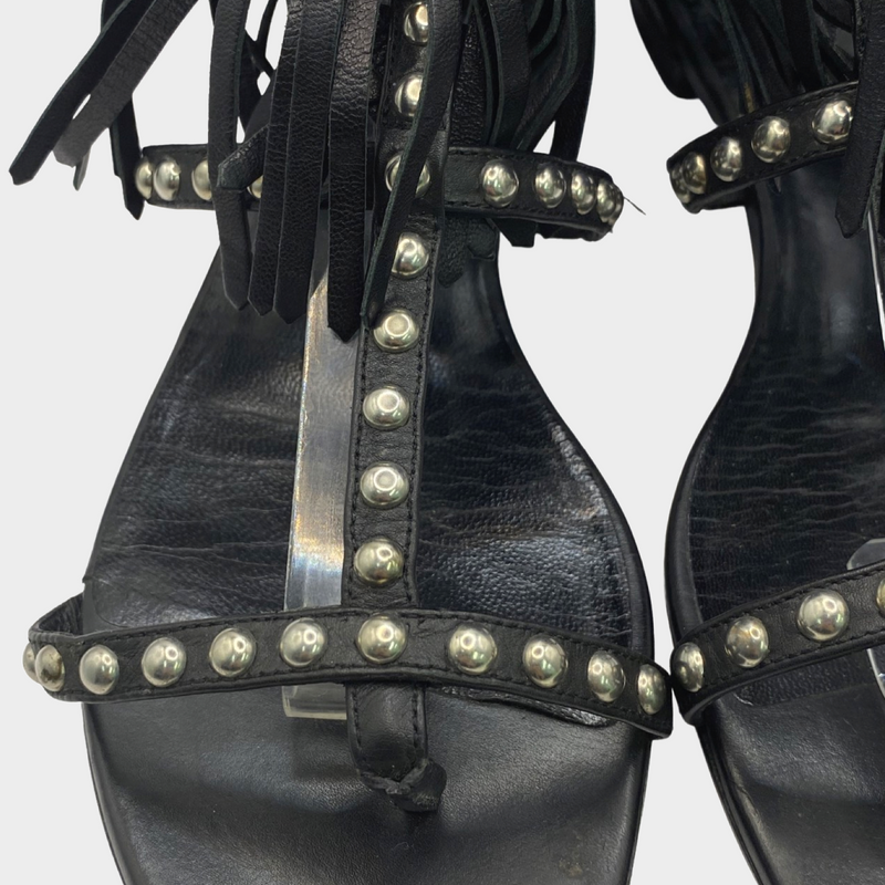 Saint Laurent women's black leather fringe gladiator sandals