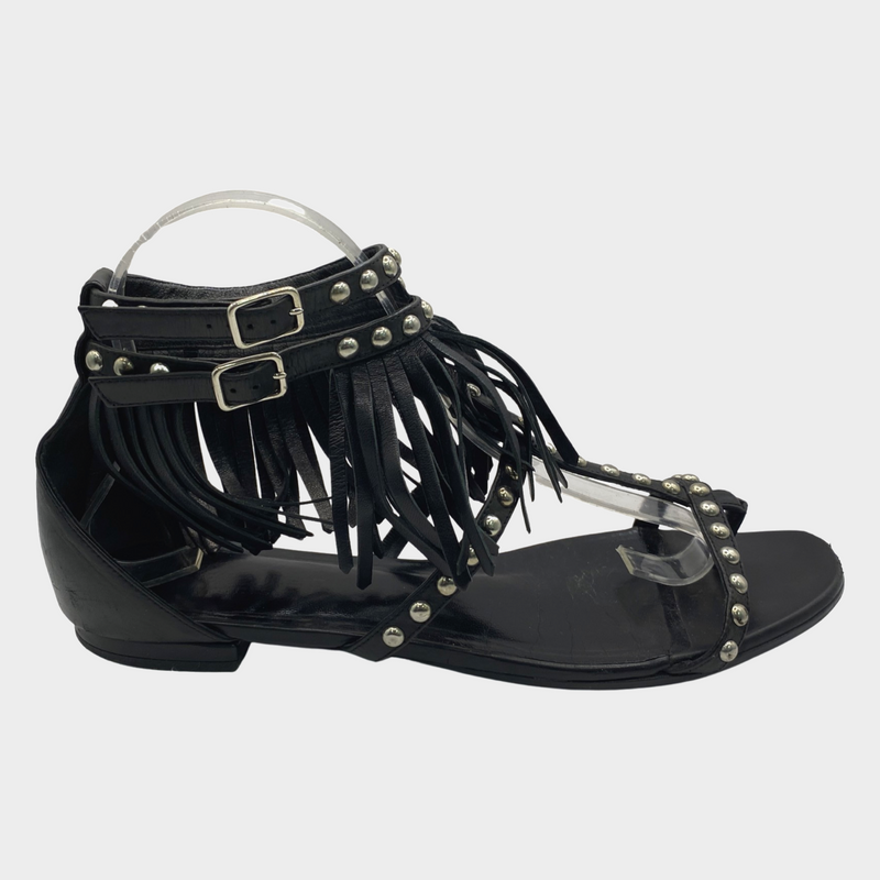Saint Laurent women's black leather fringe gladiator sandals