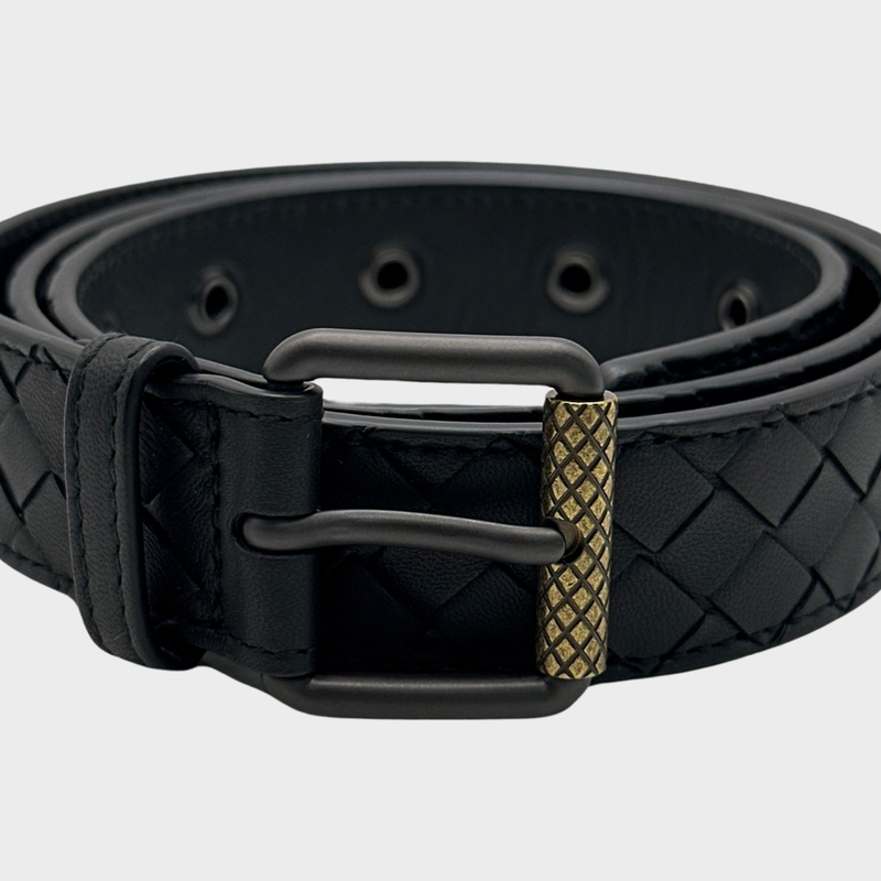 Bottega Veneta black intrecciato leather belt with gold-tone detail at the buckle