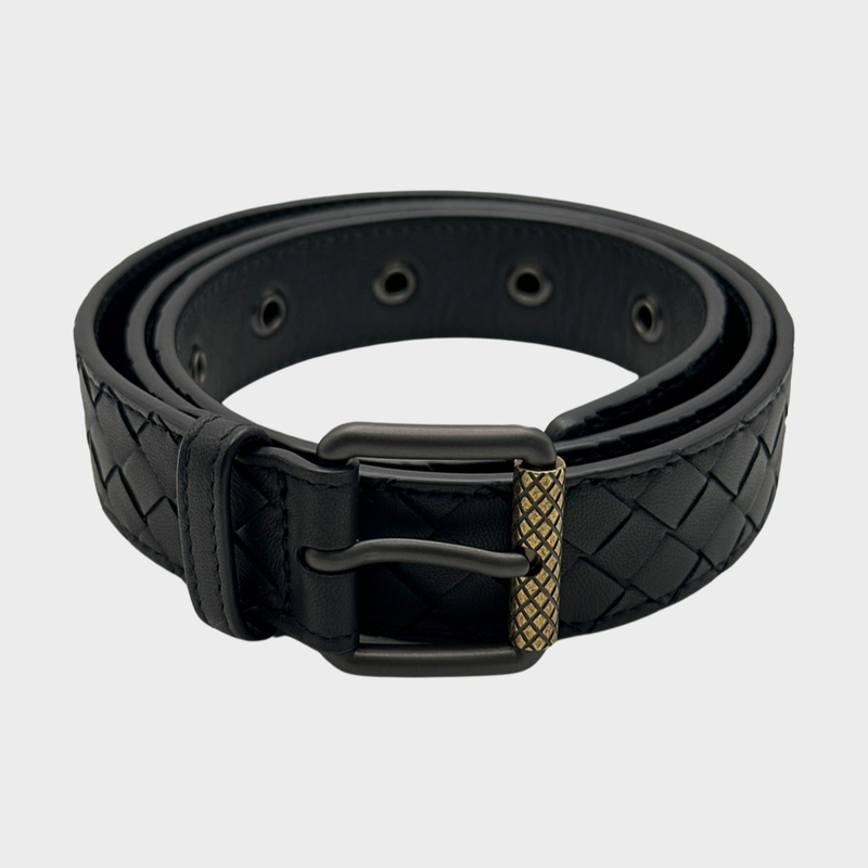 Bottega Veneta black intrecciato leather belt with gold-tone detail at the buckle