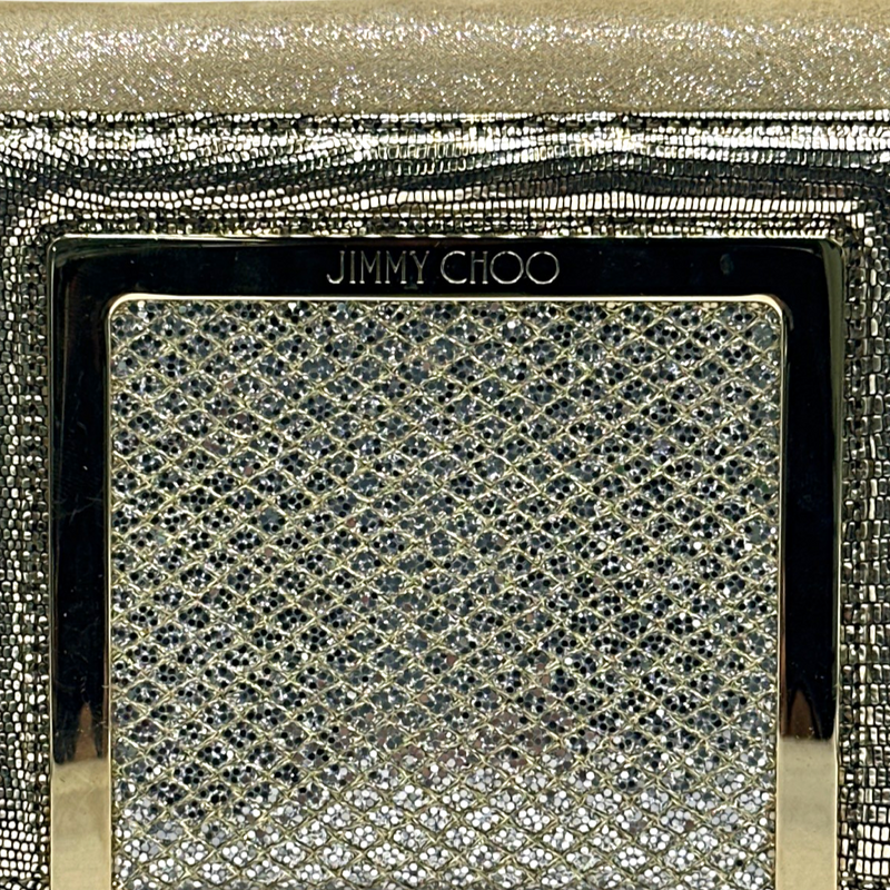 Jimmy Choo gold and silver tone glittered suede ava crossbody clutch