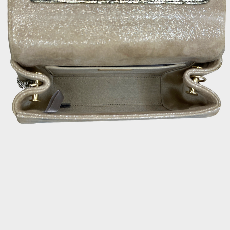 Jimmy Choo gold and silver tone glittered suede ava crossbody clutch
